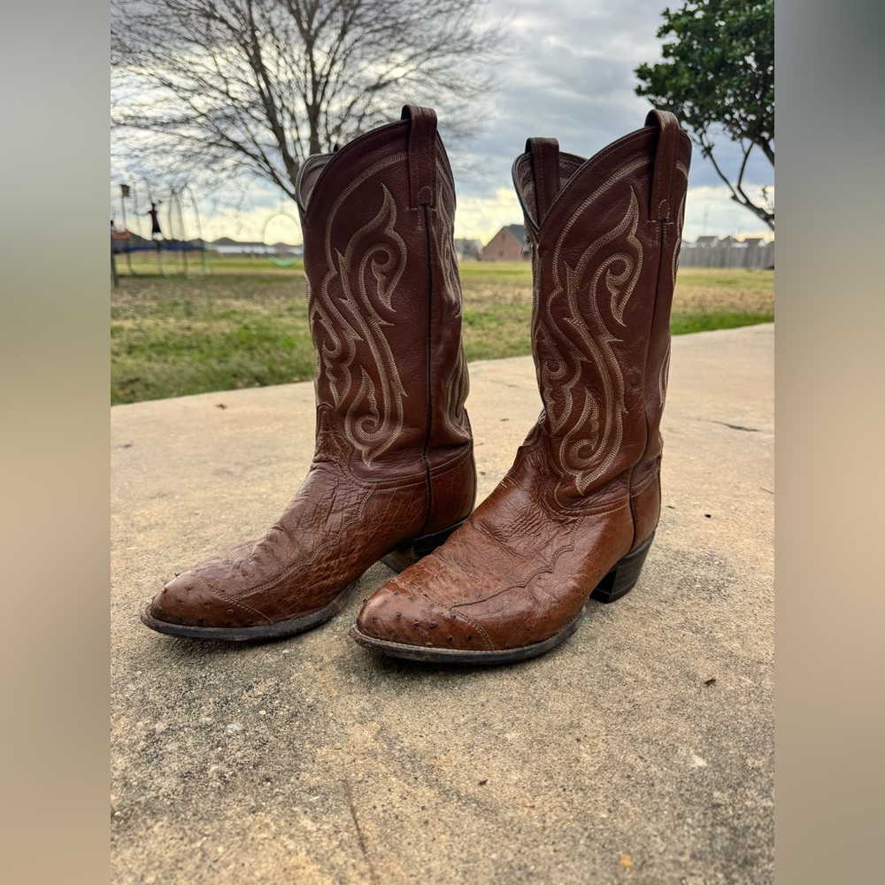 Tony Lama Y2055 10E Brown Quill Ostrich Overlays Western Cowboy Boots